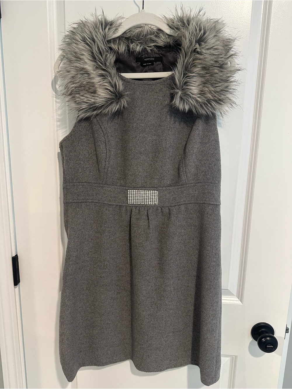 Grey Wool Sleeveless Dress with Faux Fur Collar & Rhinestones